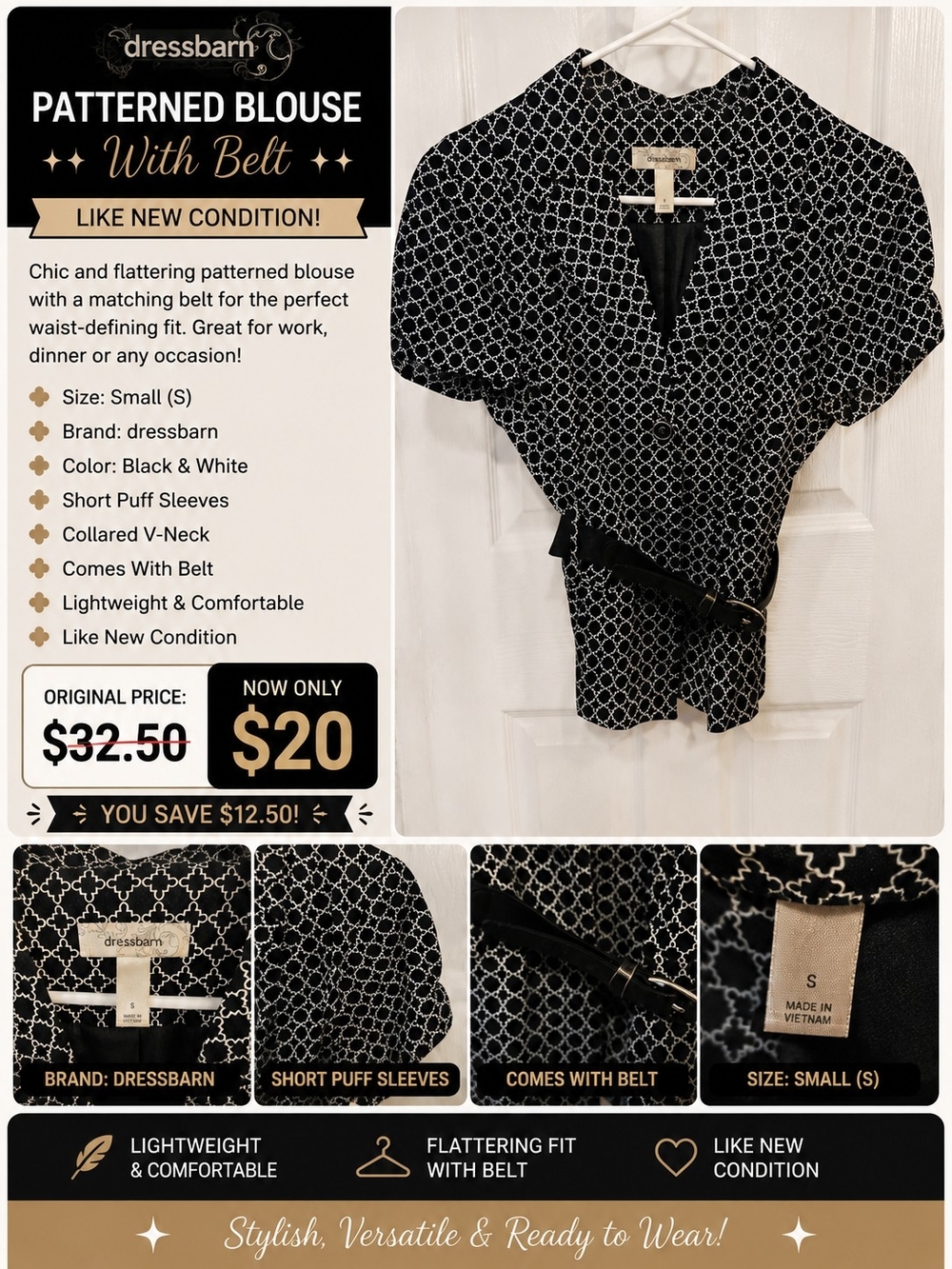 dressbarn Black & White Patterned Wrap Blouse with Belt